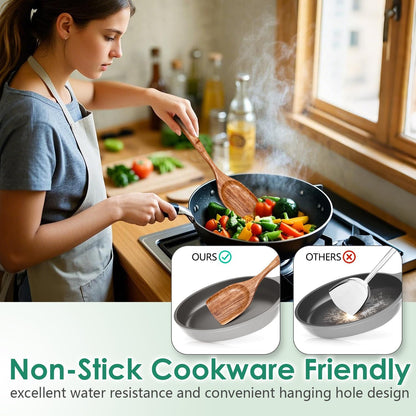 Wooden Spoons for Cooking, Teak Wood Kitchen Utensil Set, Premium Handmade Wooden Utensils for Nonstick Cookware, Heat Resistant, Smooth Finish, Comfortable Grip, 6 Piece