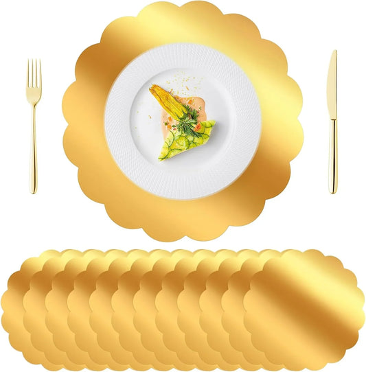 100 PCS Scalloped Gold Placemats, 13.5" Disposable Paper Placemat for Dining Table, Mirrored Gold Chargers Place Mats for Birthday Banquet, Disposable Placemats for Party Holiday Wedding