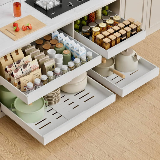4 Pack Expandable Pull Out Cabinet Organizer, 21'' Deep Pull Out Drawers for Cabinets,Upgrade 3 Slide Rails Sliding Drawer for Kitchen Cabinet Organizer with Adhesive Nano Film (White)