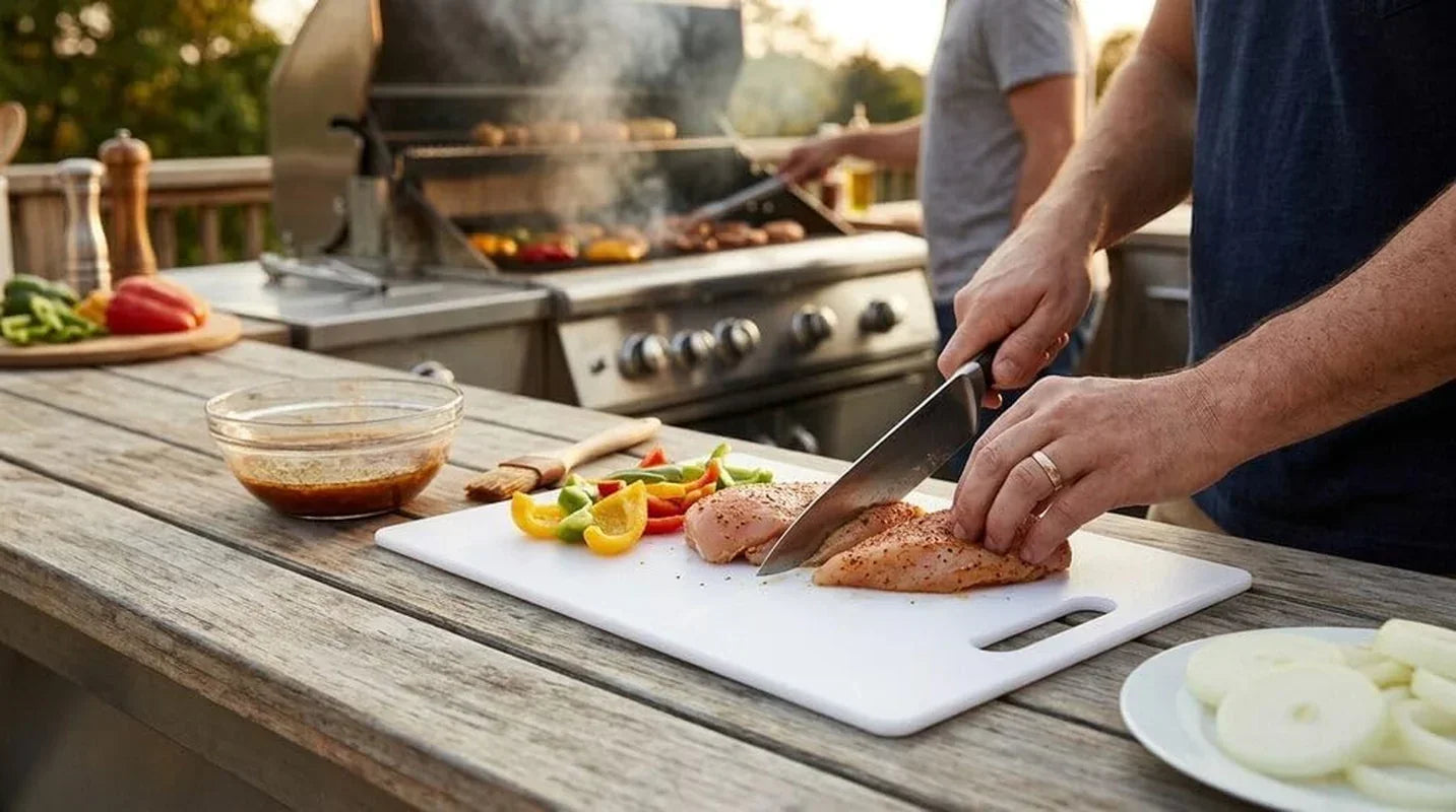 Man slicing seasoned chicken on white cutting board outdoors near grill with veggies and marinade