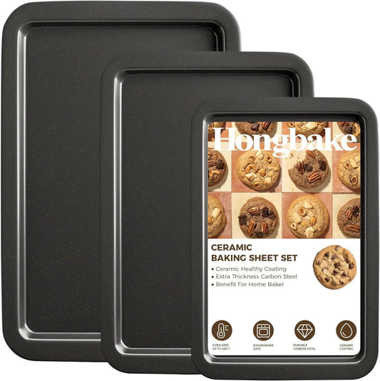 Ceramic Baking Sheet Pan Set, Cookie Sheet for Oven, Bakeware Sets with Wider Grips, 3 Pack Half/Jelly Roll/Quarter Baking Tray, Premium, Dishwasher Safe - Dark Grey