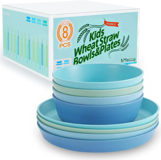 Wheat Straw Kids Plates and Bowls Set, Unbreakable Kids Dinnerware Set - 4 Pcs 7.75" Dinner Plates & 4 Pcs 18 Oz Cereal Bowls, BPA Free, Microwave & Dishwasher Safe, Reusable Childrens Dishes