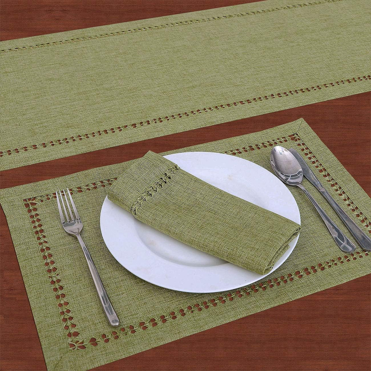 Set of 4 Handcrafted Solid Sage Green Color Dining Table Place-Mats, Double-Hemstitched, Rectangular 12 X 18 Inch