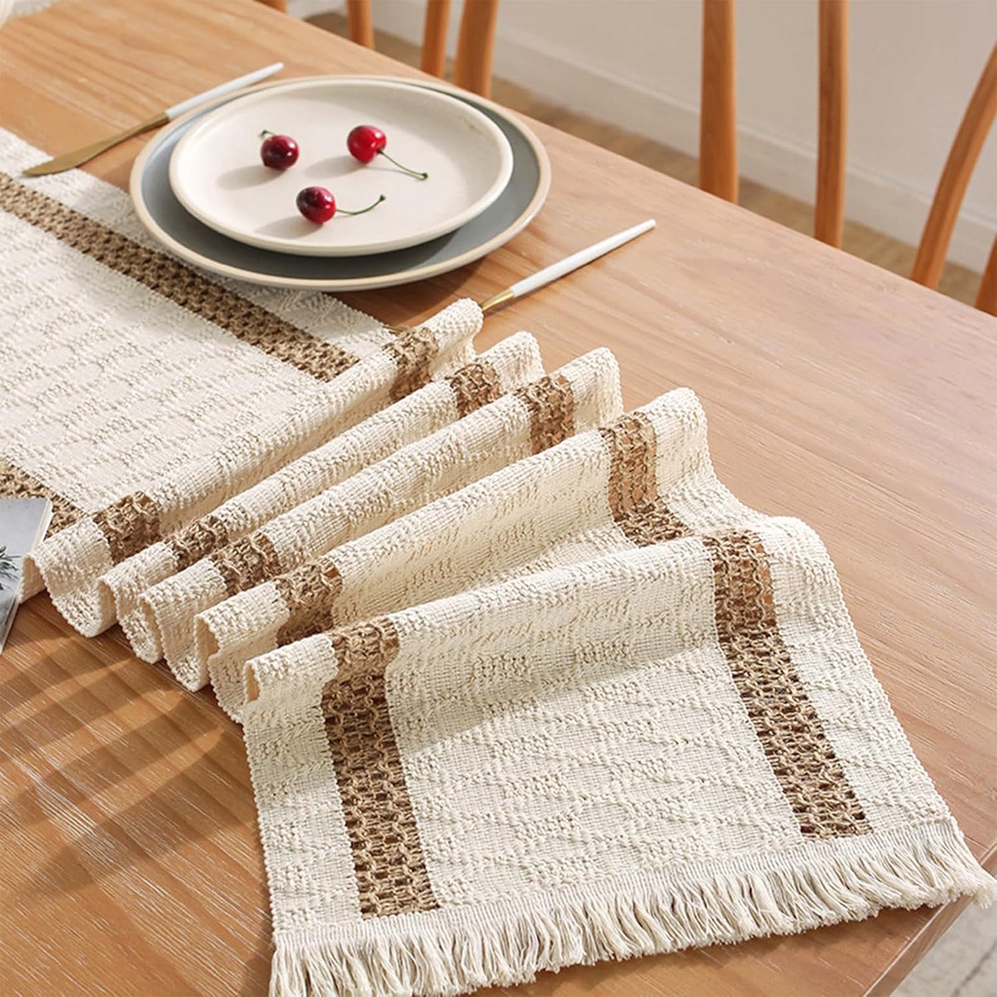 Boho Table Runner for Easter Spring Home Decor 72 Inches Long Farmhouse Macrame Easter Table Runner Cotton Linen Woven Table Runners for Summer Dining Table Decoration, Beige & Brown