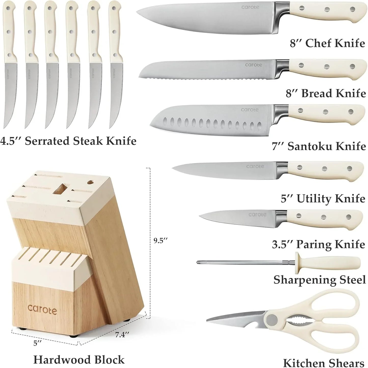 14 Pieces Knife Set with Block, Forged, High Carbon Stainless Steel Sharp Blade Block Knife Set, Dishwasher Safe Cutlery, Cream