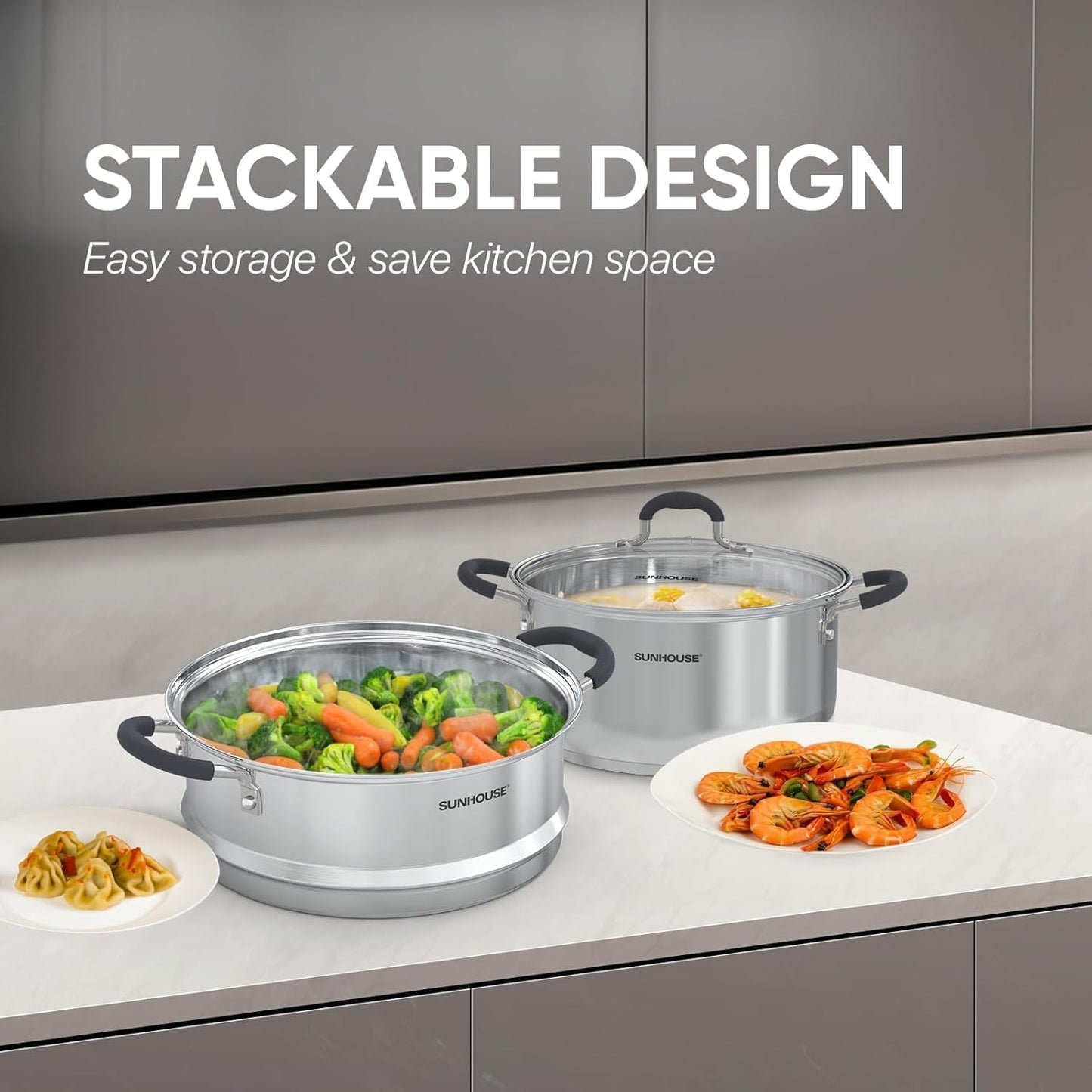 - 3.1 Quart Steamer Pots with Lid 2-Tier Multipurpose Stainless Steel Steaming Pot Cookware with Handle for Vegetable, Dumpling, Sauce, Food - Triple Bottom, Measurement Line
