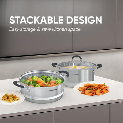 - 3.1 Quart Steamer Pots with Lid 2-Tier Multipurpose Stainless Steel Steaming Pot Cookware with Handle for Vegetable, Dumpling, Sauce, Food - Triple Bottom, Measurement Line