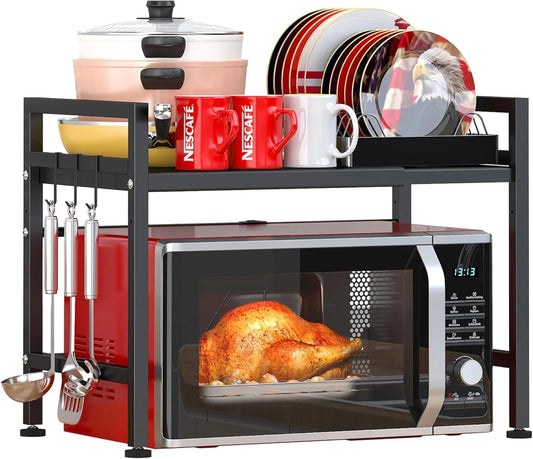 Microwave Oven Rack, Adjustable Heavy Duty 2-Tier Shelf with 3 Hooks for Kitchen Counter Top Organizer, Holds 160Lbs, Black-Microparticles