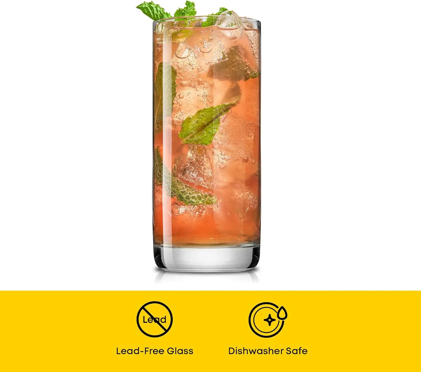 Faye 13Oz Highball Glasses, 6Pc Tall Glass Sets. Lead-Free Crystal Drinking Glasses. Water Glasses, Mojito Glass Cups, Tom Collins Bar Glassware, and Mixed Drink Cocktail Glass Set
