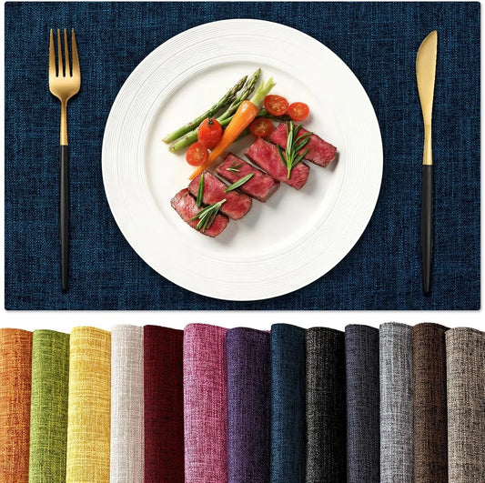 Placemats Set of 4, Dual-Layer Thickened Faux Linen Table Mats, Heat Resistant & Wrinkle-Free, Machine Washable Cloth Place Mats for Kitchen Dining Indoor Outdoor (Navy Blue)