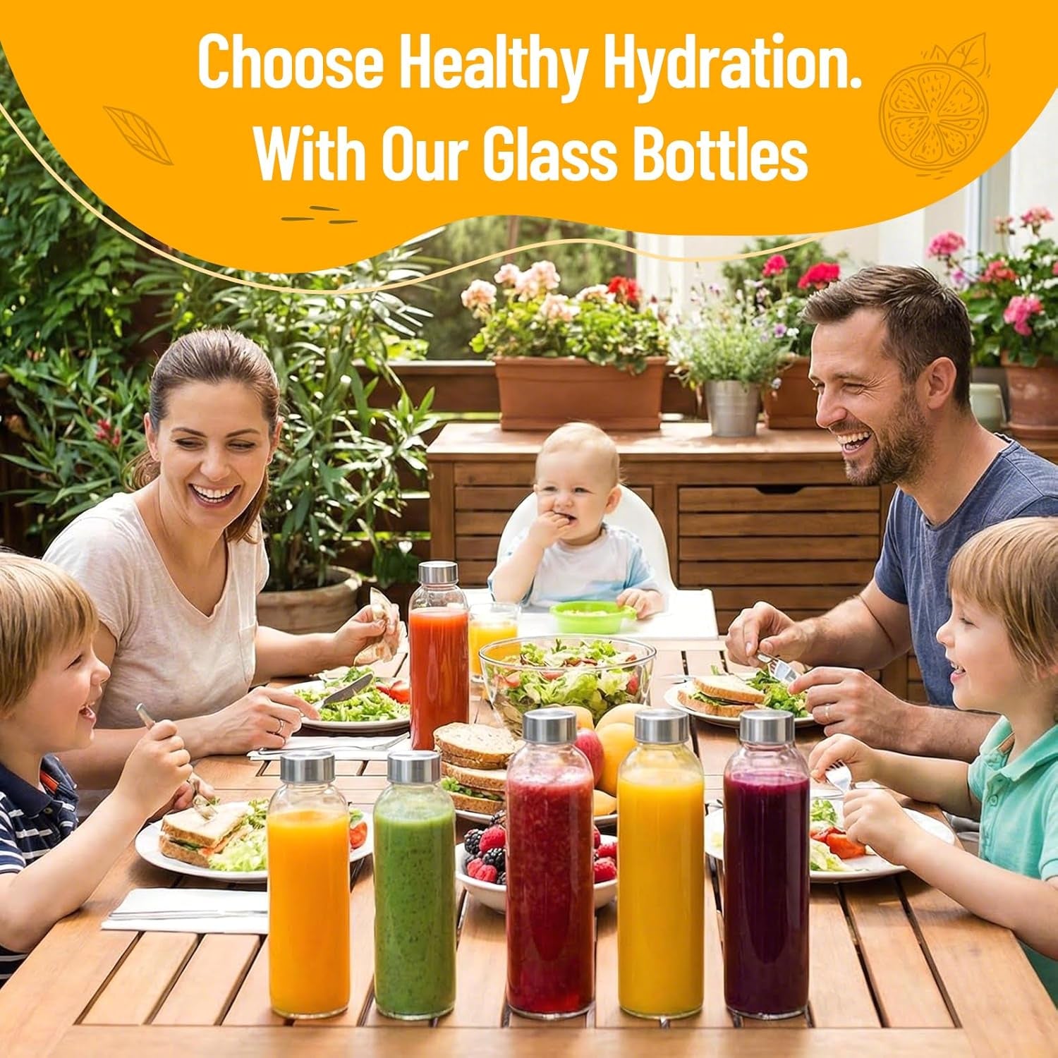 Clear Glass Bottles with Lids 18 Oz, Reusable Glass Water Bottles with Stainless Steel Cap for Refrigerator, Juicing, 100% Leak Proof, BPA Free, Juice Bottle Drinking Jar Containers Set of 6