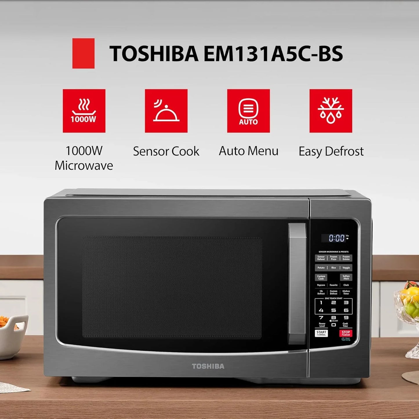EM131A5C-BS Countertop Microwave Ovens 1.2 Cu Ft, 12.4" Removable Turntable Smart Humidity Sensor 12 Auto Menus Mute Function ECO Mode Easy Clean Interior Black Color 1000W