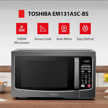 EM131A5C-BS Countertop Microwave Ovens 1.2 Cu Ft, 12.4" Removable Turntable Smart Humidity Sensor 12 Auto Menus Mute Function ECO Mode Easy Clean Interior Black Color 1000W