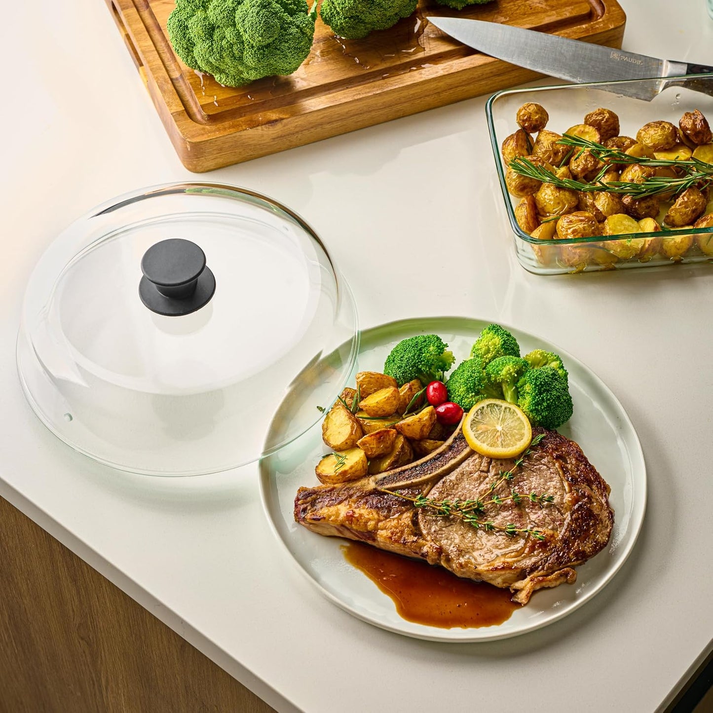 10Inch Glass Microwave Splatter Cover for Food - 100% Food Grade BPA & Lead Free - Dishwasher Safe - Cookware & Bakeware Serving Dish Plate Mess Guard Lid with Easy Grip Silicone Handle Knob