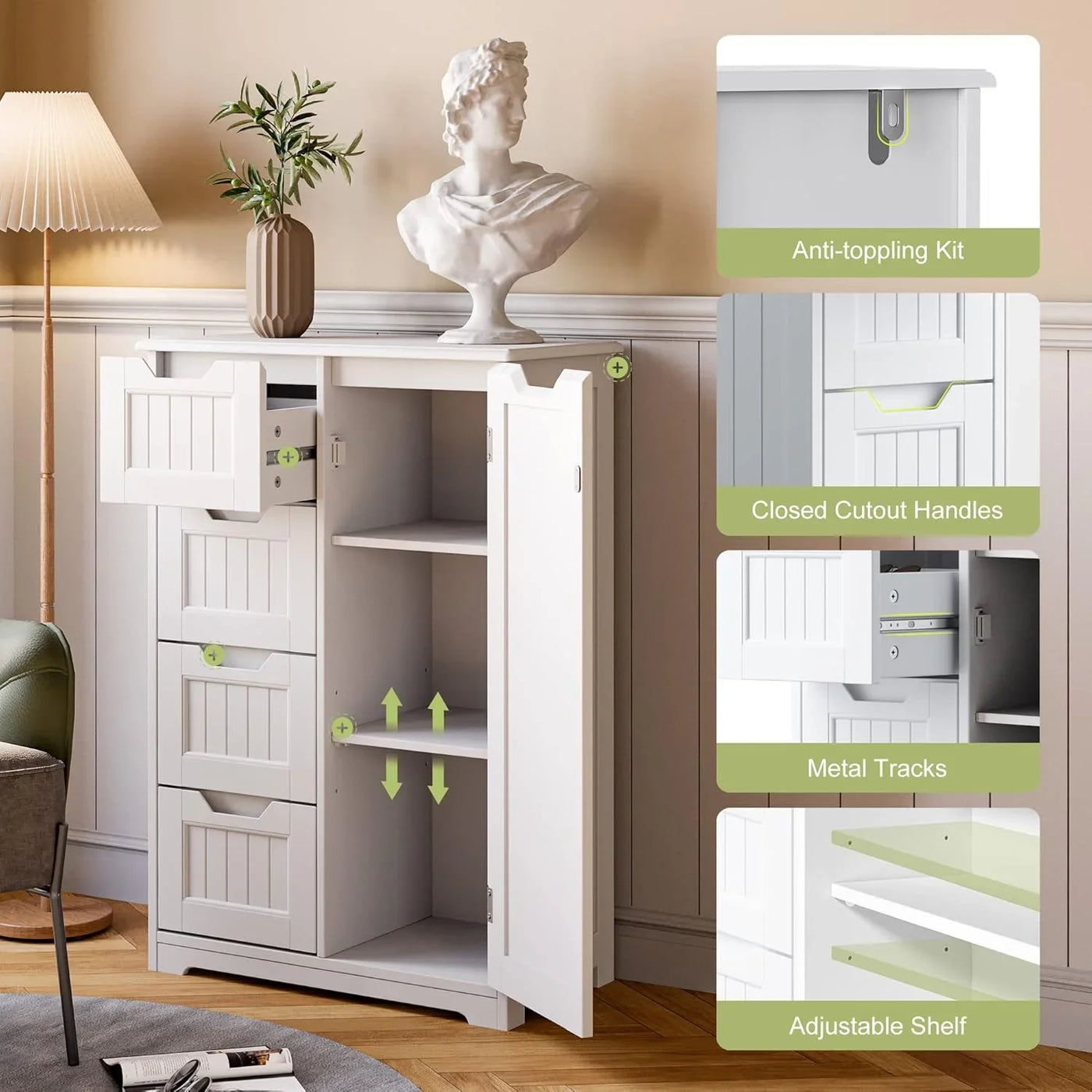 Small Pantry with Door and Shelves, 33'' Kitchen Pantry Storage Cabinet Freestanding Wooden Bathroom Storage Cabinet with 4 Drawers for Kitchen and Dining Room, White
