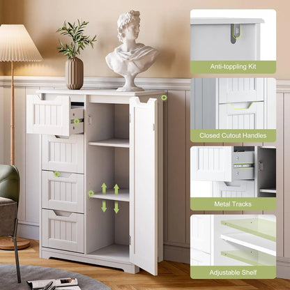 Small Pantry with Door and Shelves, 33'' Kitchen Pantry Storage Cabinet Freestanding Wooden Bathroom Storage Cabinet with 4 Drawers for Kitchen and Dining Room, White