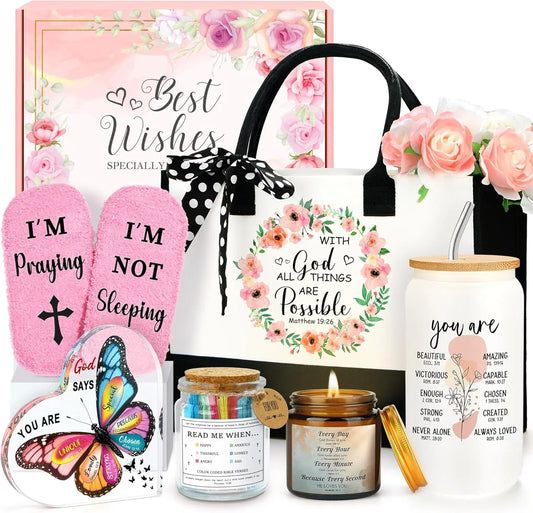 Christian Gifts for Women Faith Based Gift Inspirational Gifts for Women Birthday Unique Catholic Gift Bible Accessories Inclue Bible Verse Jar Butterfly Decorations Socks Glass Can Candles Tote Bag