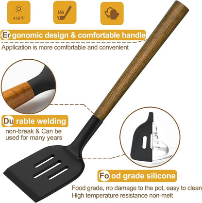 Silicone Cooking Utensil Set,  8-Piece Kitchen Utensils Set with Natural Acacia Wooden Handles,Food-Grade-Silicone Kitchen Gadgets Spatulas Set for Nonstick Cookware- Black