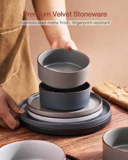 Nebula Ridge Stoneware Dinnerware Sets, Plates and Bowls Sets for 4, 12 Pieces Dishes Set, Microwave and Dishwasher Safe Kitchen Plates, Multi-Color