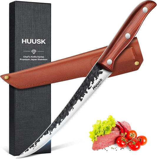 Fillet Knife for Meat Hand Forged Boning Knives 7 Inch Fish Filet Brisket Trimming Knife with Leather Sheath Japanese Butcher Knife for Fish Chincken Gift for Dad