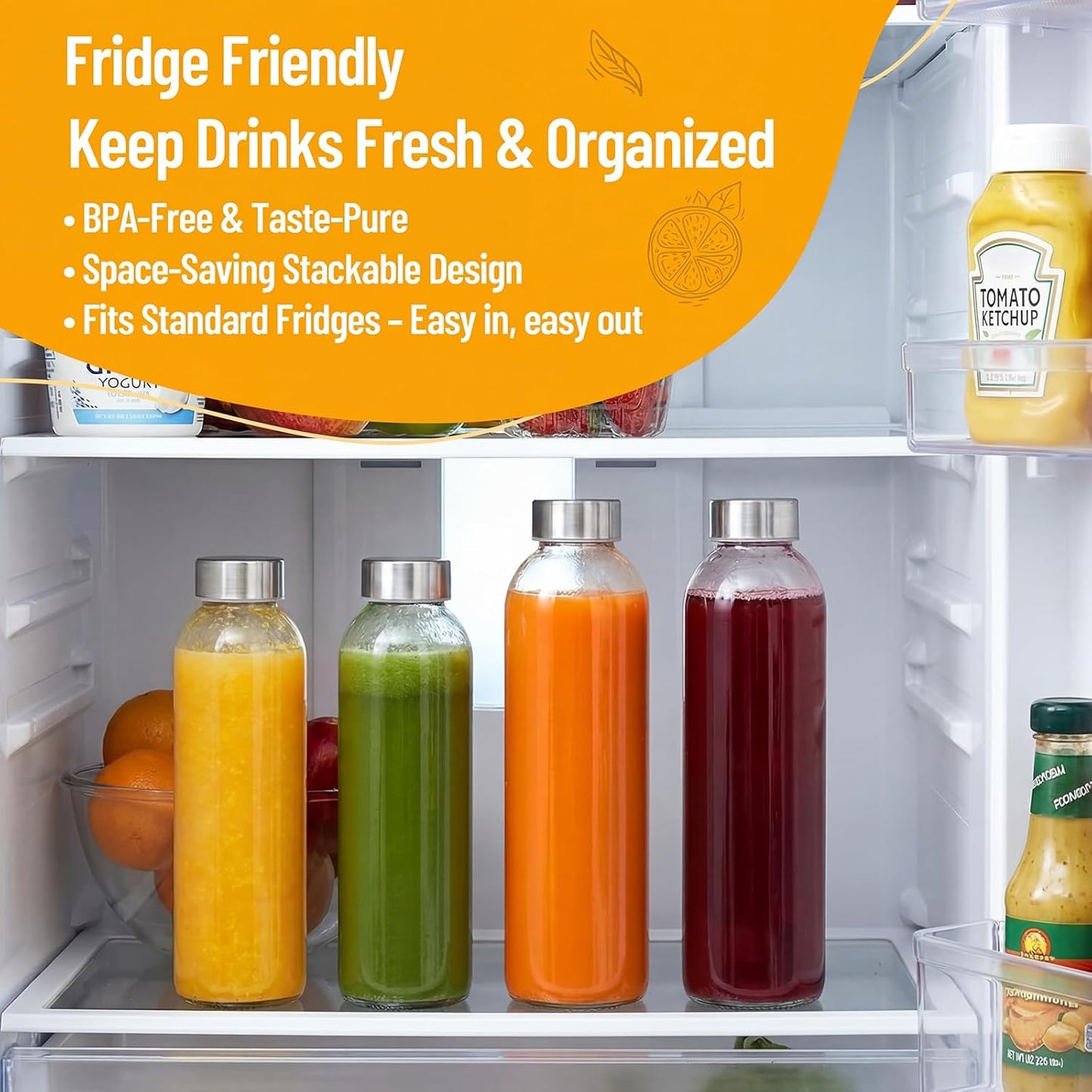 Clear Glass Bottles with Lids 18 Oz, Reusable Glass Water Bottles with Stainless Steel Cap for Refrigerator, Juicing, 100% Leak Proof, BPA Free, Juice Bottle Drinking Jar Containers Set of 6