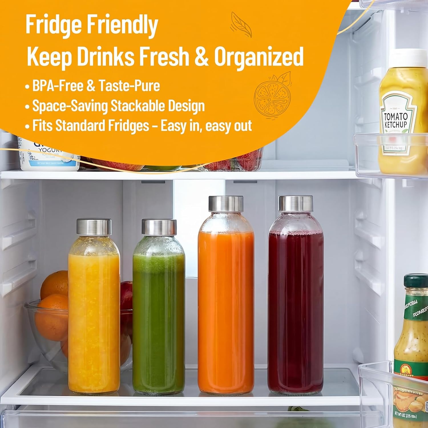 Clear Glass Bottles with Lids 18 Oz, Reusable Glass Water Bottles with Stainless Steel Cap for Refrigerator, Juicing, 100% Leak Proof, BPA Free, Juice Bottle Drinking Jar Containers Set of 6