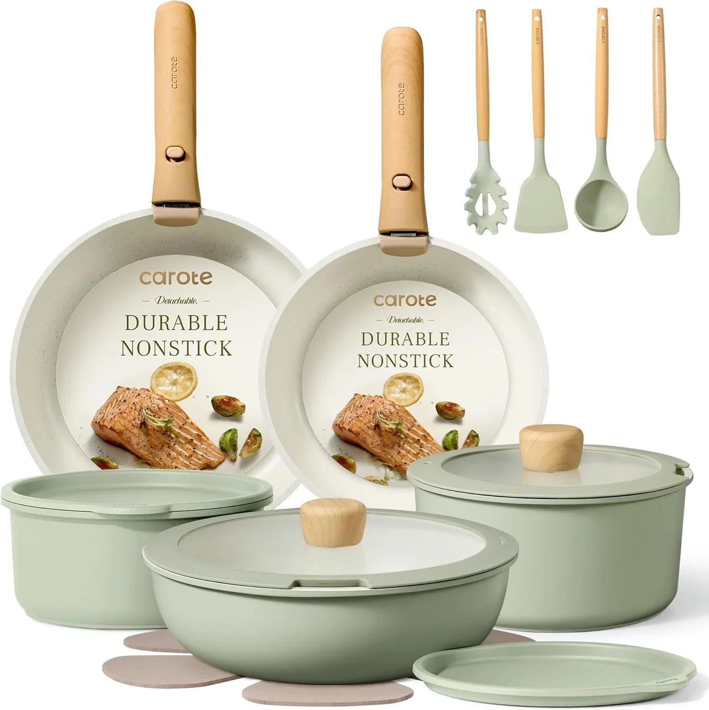 Pots and Pans Set, Nonstick Cookware Set Detachable Handle, 19Pcs Induction Kitchen Cookware Sets Non Stick with Removable Handle, RV Cookware Set, Oven Safe, Sage Green