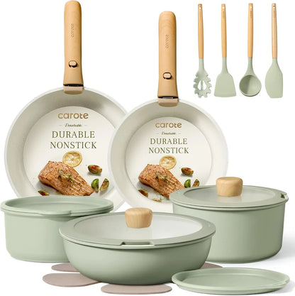 Pots and Pans Set, Nonstick Cookware Set Detachable Handle, 19Pcs Induction Kitchen Cookware Sets Non Stick with Removable Handle, RV Cookware Set, Oven Safe, Sage Green