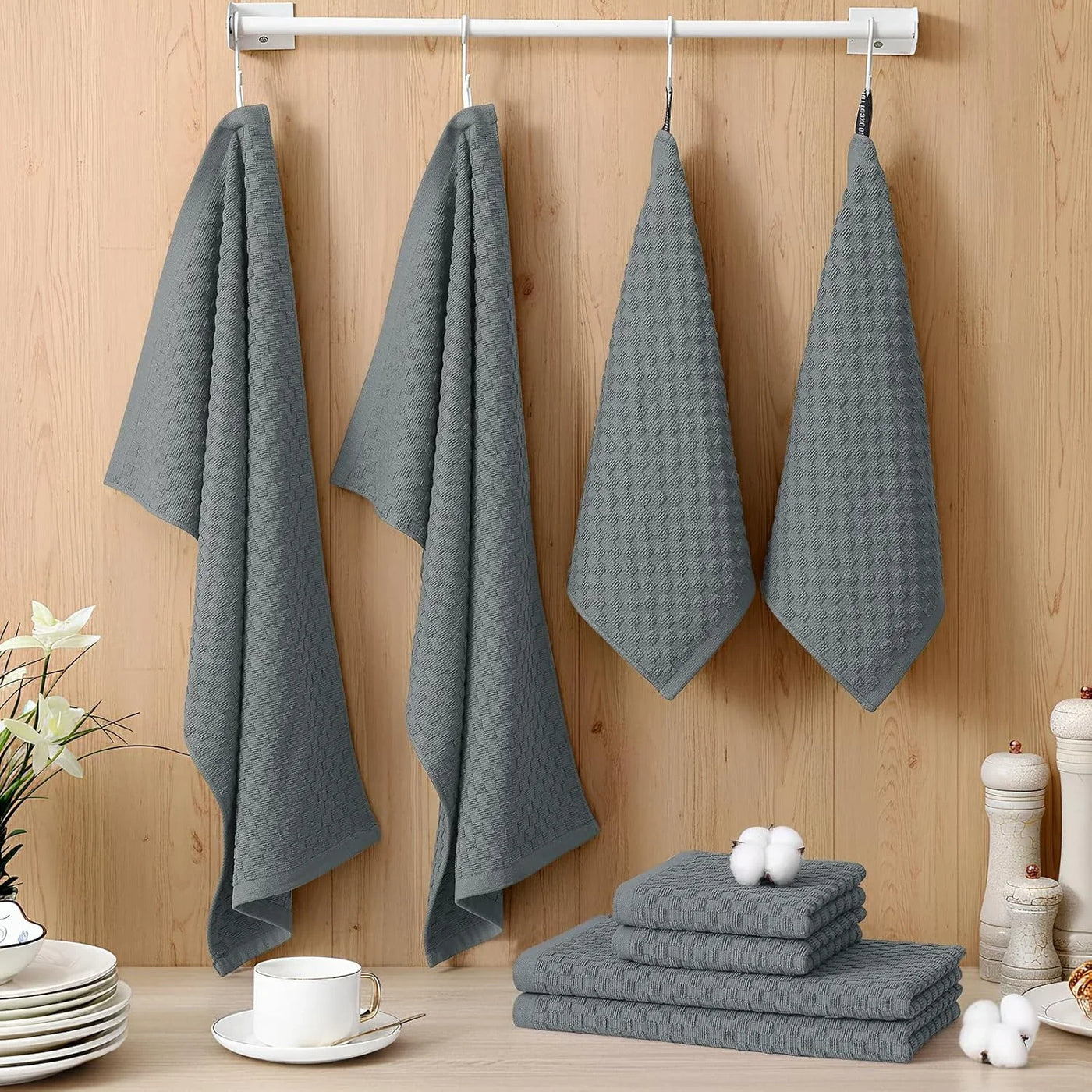 100% Cotton Kitchen Towels and Dishcloths Set, 12 X 12 & 15 X 25 Inches, Set of 8 Bulk Terry Cloth Dish Towels, Super Soft and Absorbent Hand Towel with Hanging Loop, Dark Grey