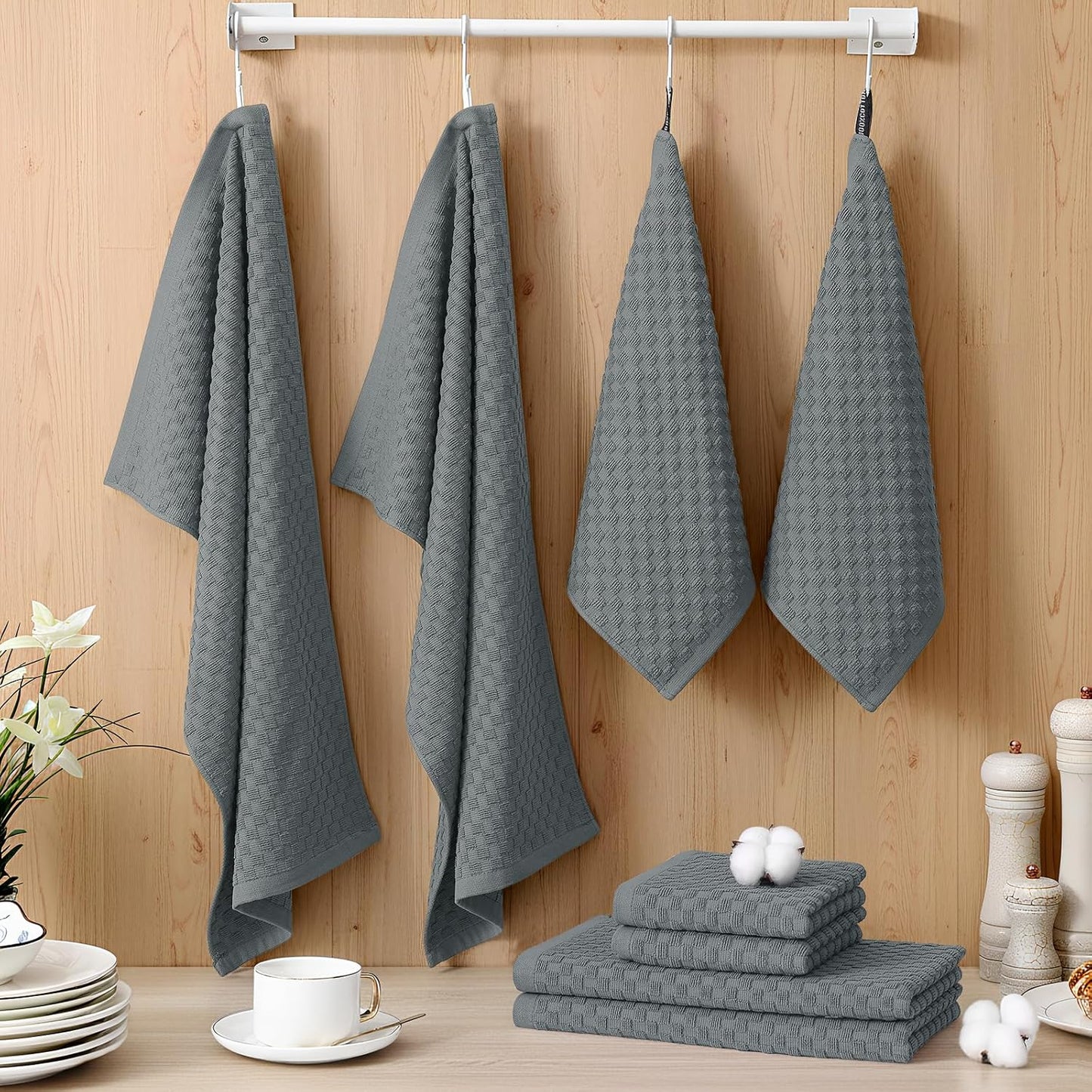 100% Cotton Kitchen Towels and Dishcloths Set, 12 X 12 & 15 X 25 Inches, Set of 8 Bulk Terry Cloth Dish Towels, Super Soft and Absorbent Hand Towel with Hanging Loop, Dark Grey