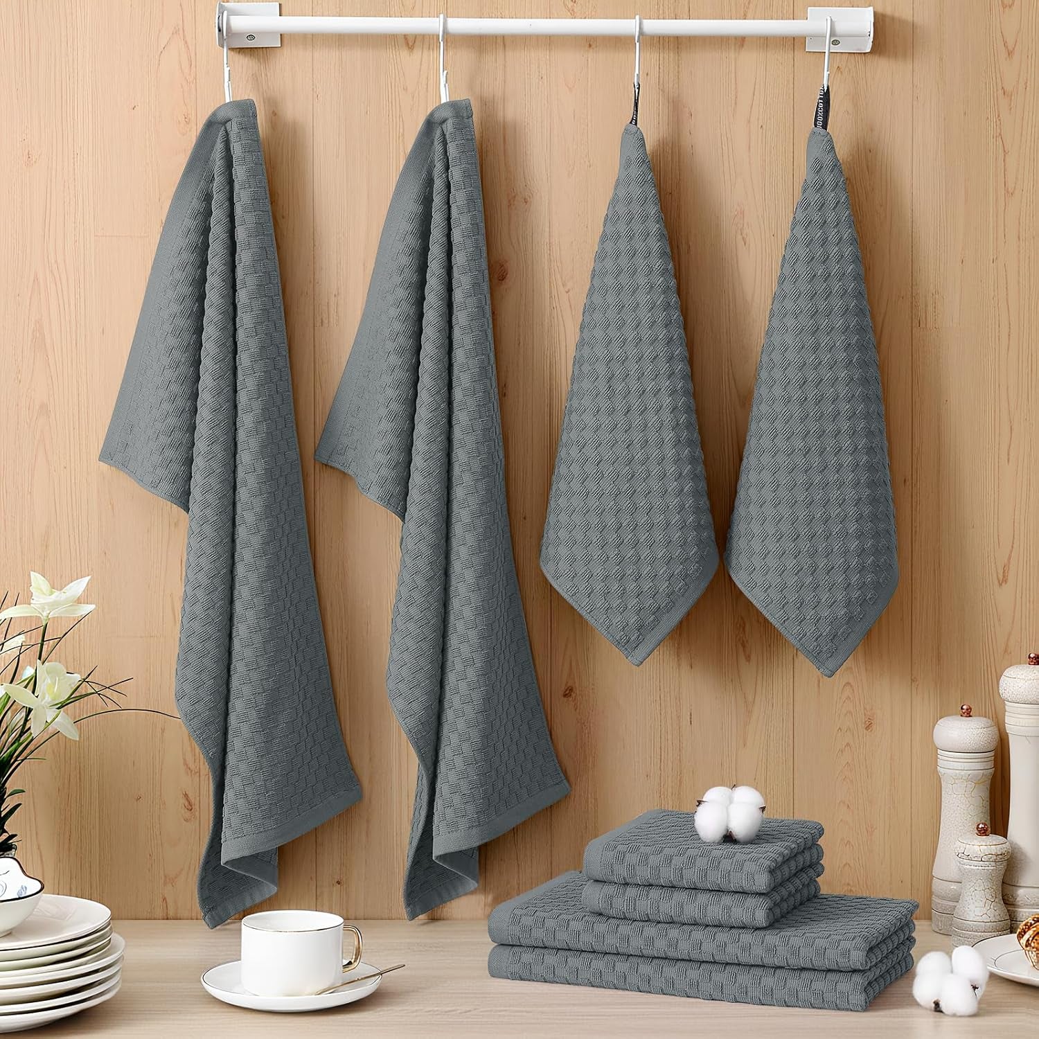 100% Cotton Kitchen Towels and Dishcloths Set, 12 X 12 & 15 X 25 Inches, Set of 8 Bulk Terry Cloth Dish Towels, Super Soft and Absorbent Hand Towel with Hanging Loop, Dark Grey