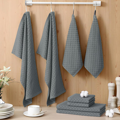 100% Cotton Kitchen Towels and Dishcloths Set, 12 X 12 & 15 X 25 Inches, Set of 8 Bulk Terry Cloth Dish Towels, Super Soft and Absorbent Hand Towel with Hanging Loop, Dark Grey