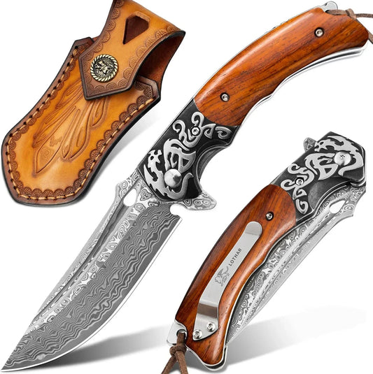 Damascus steel knife with wooden handle, ornate metalwork, and leather sheath for kitchen use