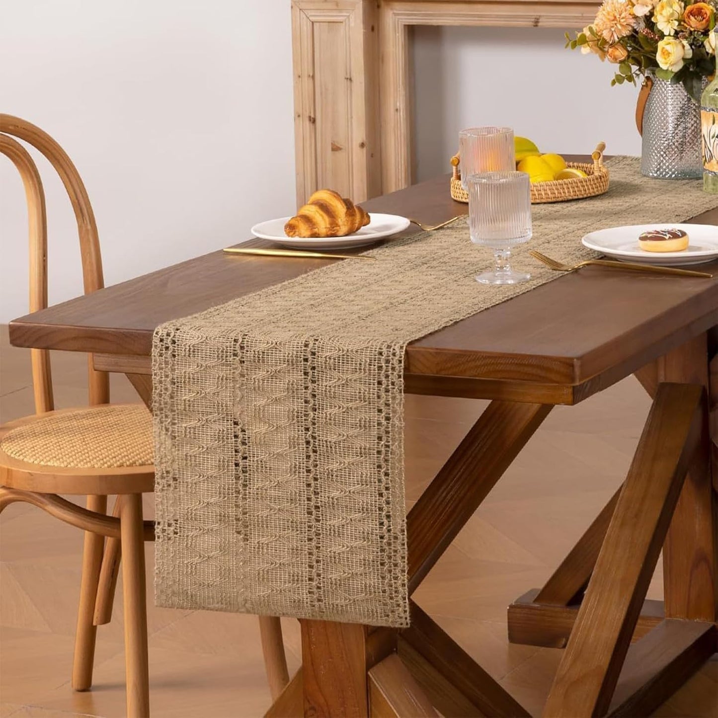 Burlap Boho Table Runner for Spring Home Decor 72 Inches Long, Brown Farmhouse Decor Rustic Small Macrame Woven Coffee Burlap Jute Table Runners for Summer Dining Dresser Scarf Table Decor