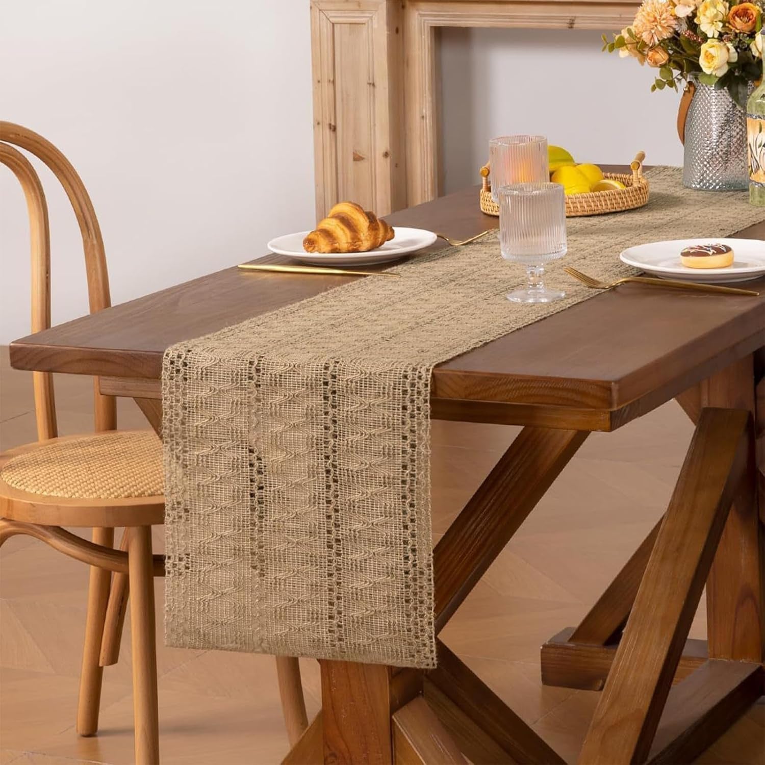 Burlap Boho Table Runner for Spring Home Decor 72 Inches Long, Brown Farmhouse Decor Rustic Small Macrame Woven Coffee Burlap Jute Table Runners for Summer Dining Dresser Scarf Table Decor