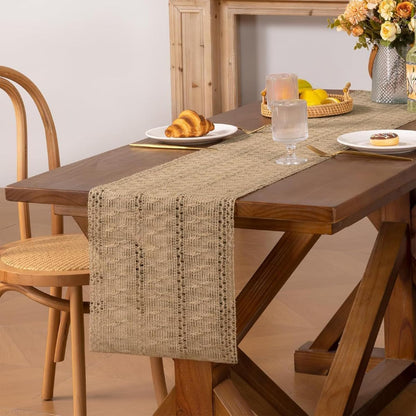 Burlap Boho Table Runner for Spring Home Decor 72 Inches Long, Brown Farmhouse Decor Rustic Small Macrame Woven Coffee Burlap Jute Table Runners for Summer Dining Dresser Scarf Table Decor