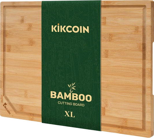 17”×11” Bamboo Cutting Boards for Kitchen, Healthy Wooden Cutting Boards for Kitchen, Charcuterie, Vegetables, Cheese, Extra Large Chopping Boards with Deep Juice Groove and Handle, Natural