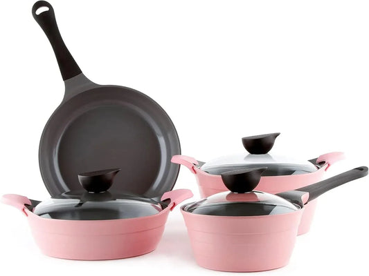 Eela 7Pc Ceramic Coated Nonstick Cookware Pots&Pan Set with Saucepan, Frying Pan, Casserole Stockpot, Glass Lids, Silicone Hot Handle Holder Included, 7-Piece,Pink