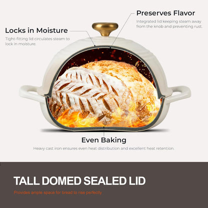 Enameled Cast Iron Bread Oven - 6QT Bread Dutch Oven for Sourdough Baking - Bread Pot with Dome Lid Cotton Potholders & Cookbook - Multi-Functional Bread Pan for Baking Frying Roasting