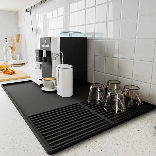 Silicone Coffee Mat with Raised Edges, , 24'' X 16'', Bar Mat for Countertops, Bar Accessories, Coffee Maker Mat, Espresso Machine, Dish Drying Mat (BLACK)