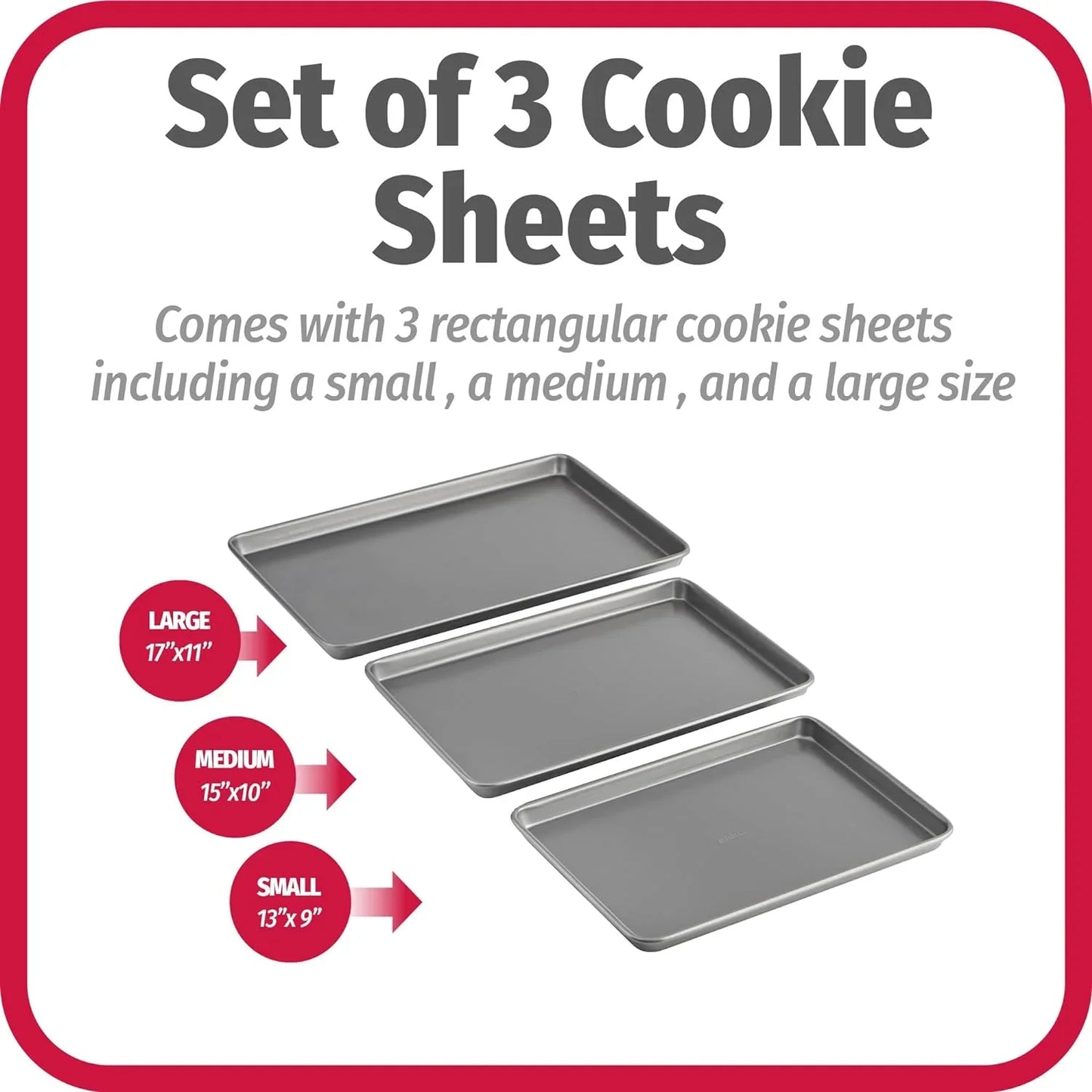 Everyday Nonstick Baking Sheet Set, 3 Pack Includes One Small, Medium & Large Pan Carbon Steel Construction Cookie Sheet Bakeware Set, Gray