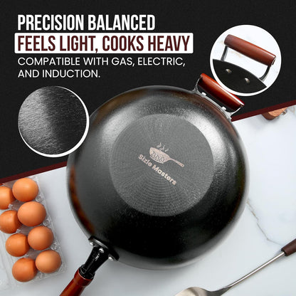 Pre-Seasoned Cast Iron Nonstick Stir-Fry Pan | Dual Handles & 4 Spatulas | Flat Bottom Wok with Wooden Lid & Wood Handle | Traditional Chinese Induction Wok (32Cm)
