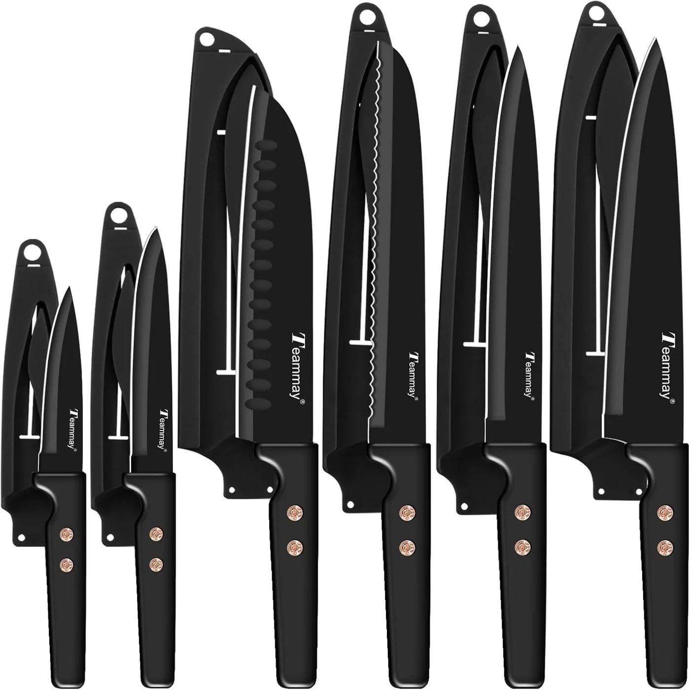 12-Piece Kitchen Knife Set, Stainless Steel Knives with Non-Stick Coating, Dishwasher Safe, Black Knife Set with Rose Gold Rivets 6 Blade Guards, Perfect for Home Chefs Cooking Enthusiasts