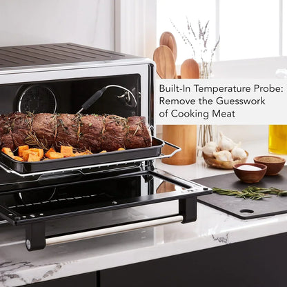 Smart oven with built-in temperature probe cooking roast beef and sweet potatoes, perfect for precise meat roasting.