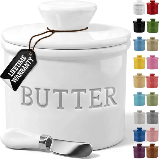 Butter Crock with Lid with Water Line, Ceramic French Butter Dish to Leave on Counter, White