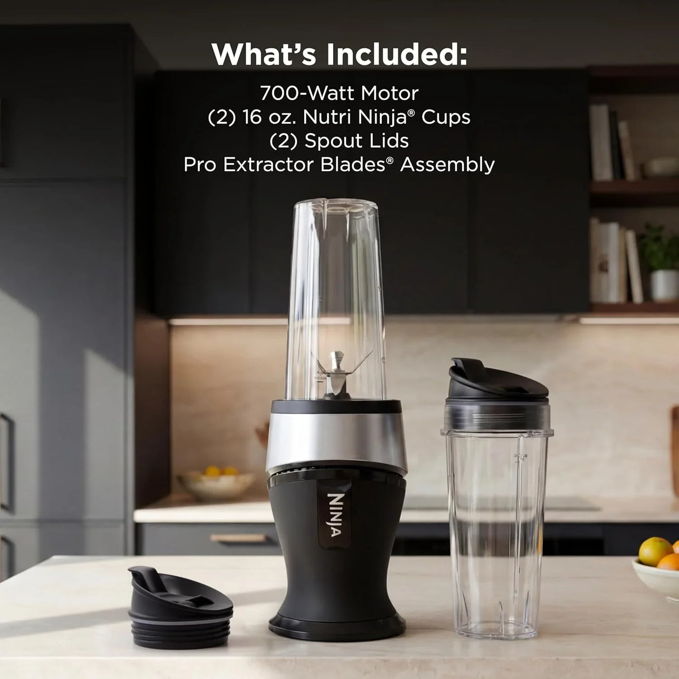 Fit Compact Personal Blender, Portable Blender For-Smoothies, Shakes, Food Prep, and Frozen Blending, 700-Watt Base, (2) 16-Oz. Cups and Spout Lids, Black QB3001SS