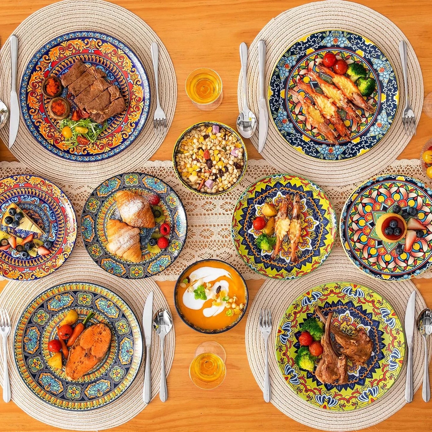 Plates and Bowls Sets,12-Piece Porcelain Dinnerware Set Service for 4, Bohemian Style Dishes Set for 4, Kitchen Dinner Set, Microwave and Dishwasher Safe, Scratch Resistant, Series KRVI