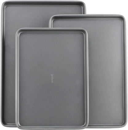 Everyday Nonstick Baking Sheet Set, 3 Pack Includes One Small, Medium & Large Pan Carbon Steel Construction Cookie Sheet Bakeware Set, Gray