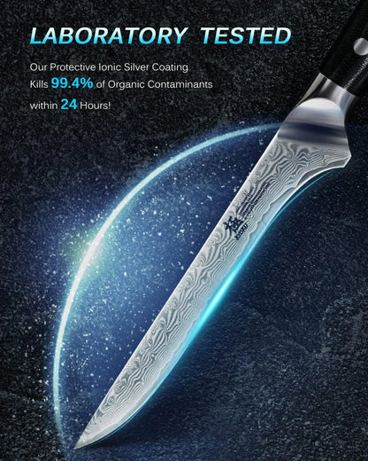 Damascus steel kitchen knife with ionic silver coating, laboratory tested for hygiene