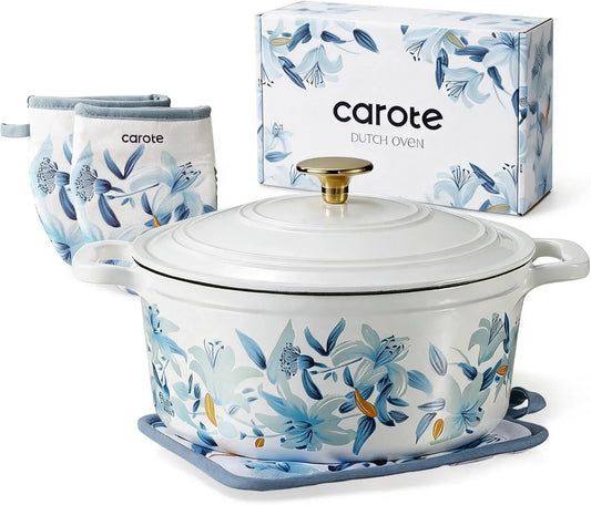 5 QT Cast Iron Dutch Oven Pot with Lid, Enameled Floral Dutch Ovens with Cotton Potholders & Oven Gloves, Gift Box, Cast Iron Pot for Sourdough Bread Baking, Braising, Stews, Roasting, Dual Handles, All Stovetop Compatible, Oven Safe up to 500° F, White & Blue